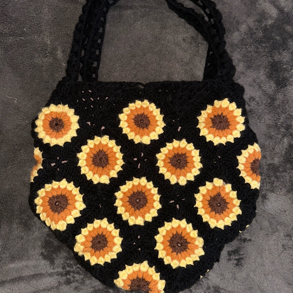 Handmade Sunflower Crochet Tote Bag - Black and Yellow
